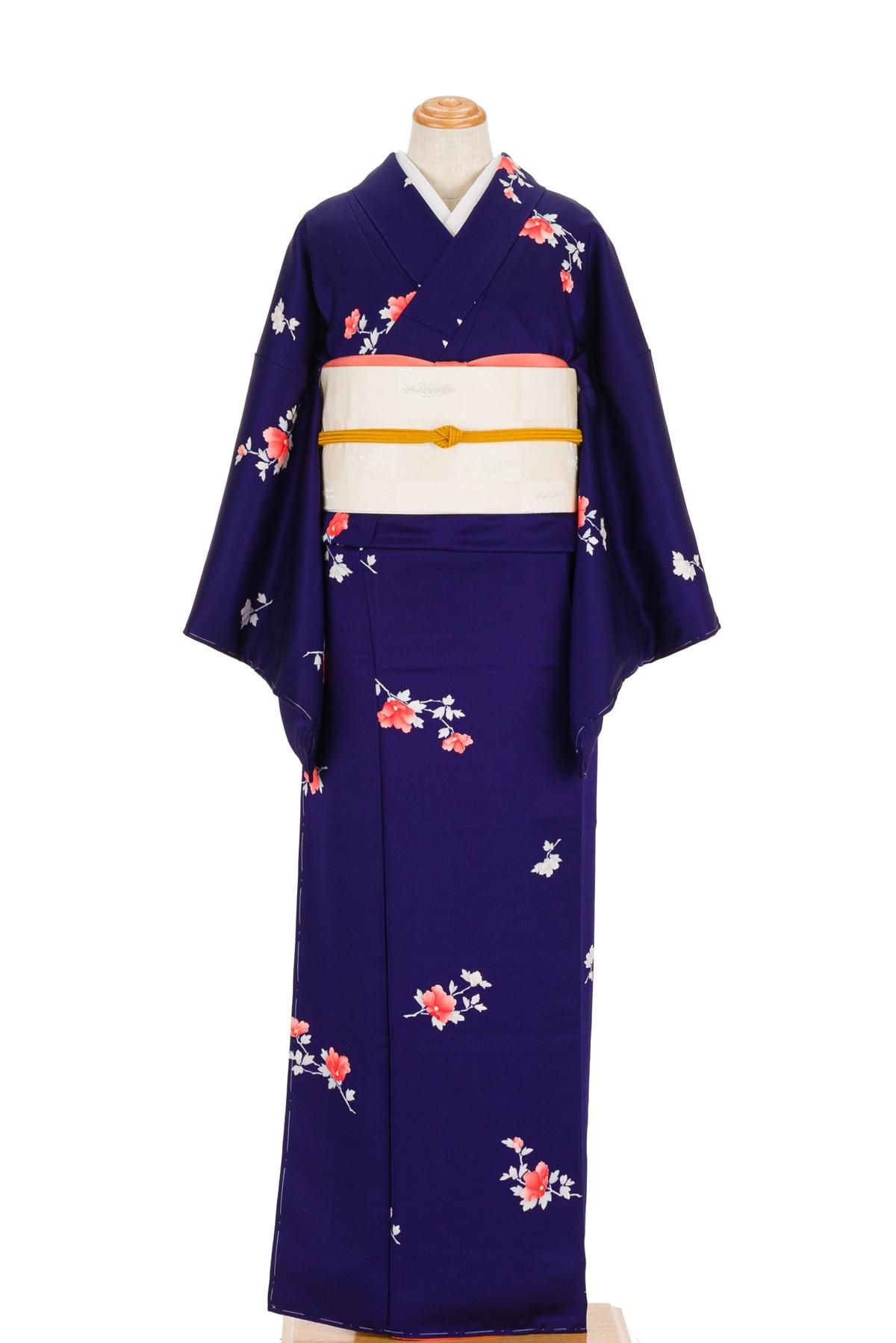 紺地に花 飛び柄小紋 - からん::アンティーク着物・リサイクル着物の