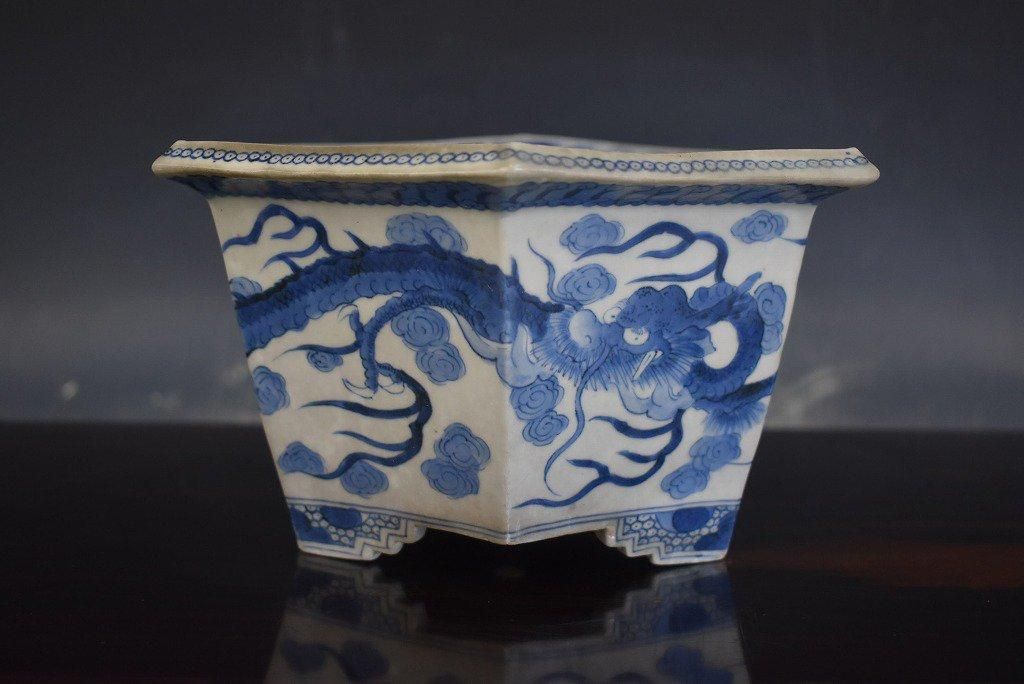 青磁染付 梅図 尾張焼 瀬戸焼 三本足 盆栽鉢 蘭鉢