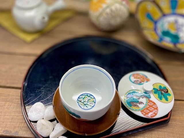 九谷焼 蓋付湯呑 金丸松竹梅 打ち出の小槌 中絵 単品-百華園