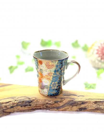 九谷焼 マグカップ マグ 青粒＋金花詰(傑作) 裏絵-百華園