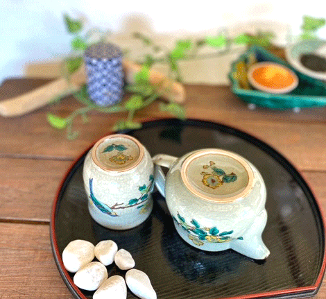 九谷焼 急須2点セット 小 金糸梅に鳥 裏絵-百華園