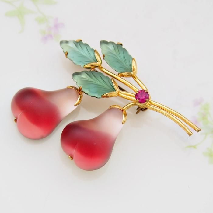 希少 オーストリア フルーツガラス ブローチ チェリー アプリコット