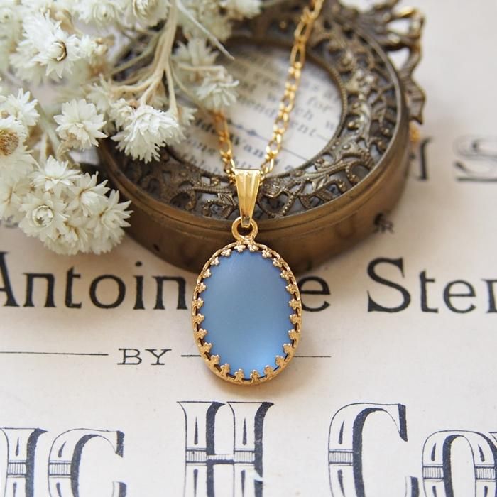 ヴィンテージガラス ブルー フロストガラス オーバル ネックレス