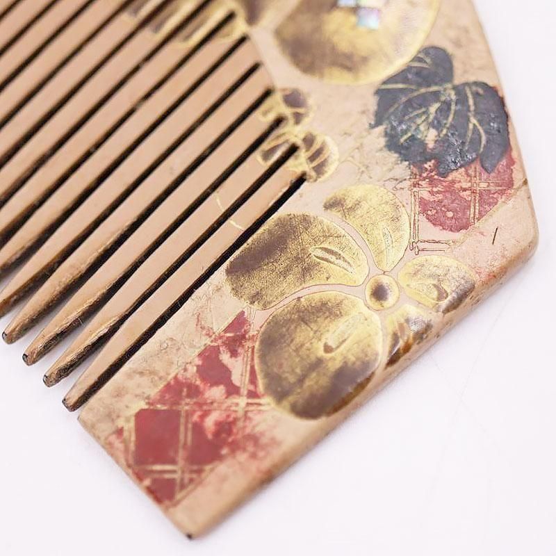 日本製漆塗り蒔絵螺鈿細工入りくし骨董品