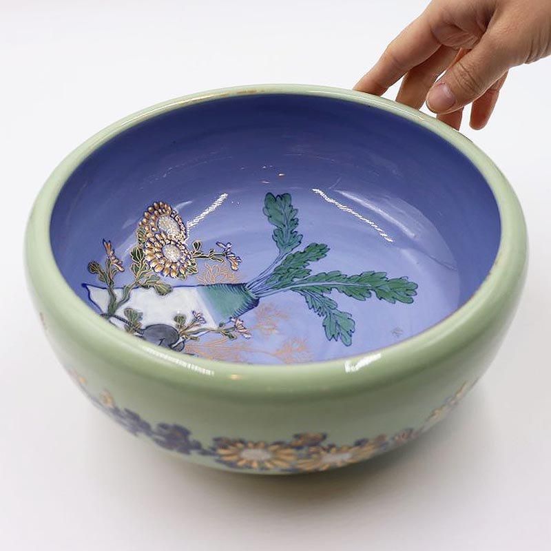 希少なアンティーク色絵青磁中鉢 明治時代後期