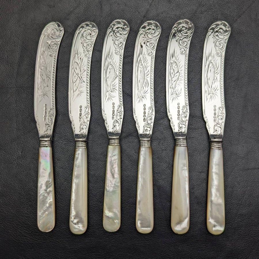 19世紀後半 英国アンティーク 白蝶貝ハンドル 純銀ブレード フィッシュ