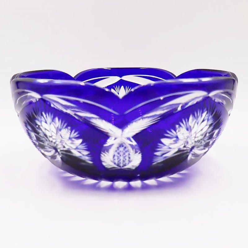 アンティーク青切子鉢 菊モチーフ昭和初期製