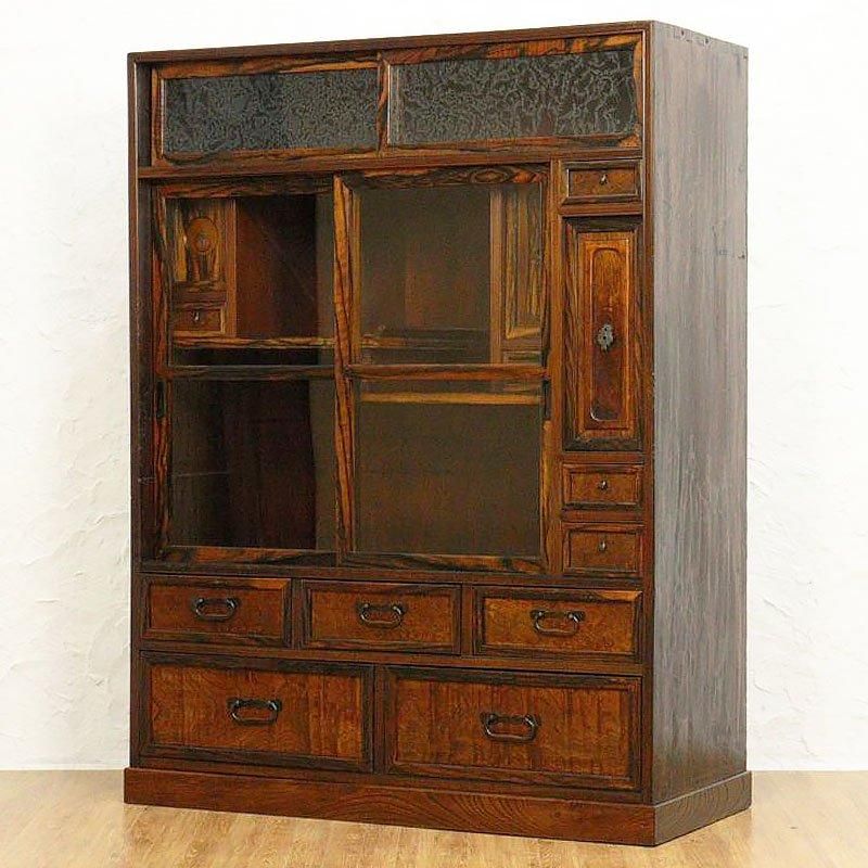 ヴィンテージ 黒柿 結霜ガラス 茶箪笥 大正昭和レトロ