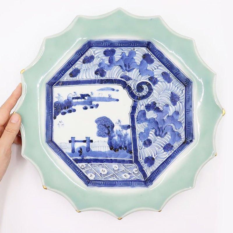 古伊万里 染付 変形皿 型紙摺 印判 龍 骨董 アンティーク 金直し 金