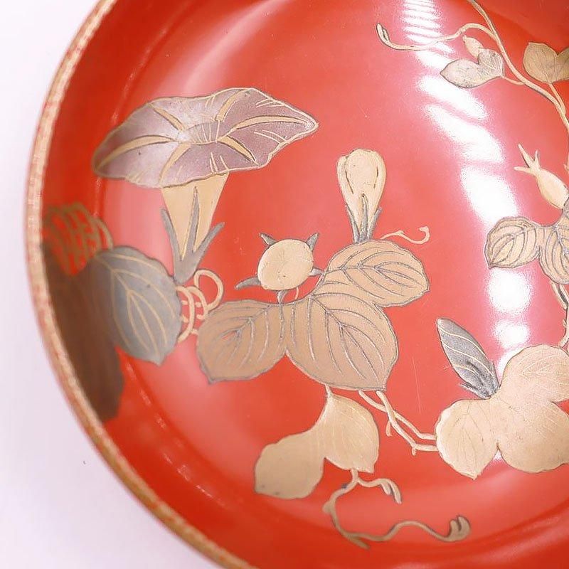 大正時代のアンティーク朱塗り煮物椀 朝顔模様