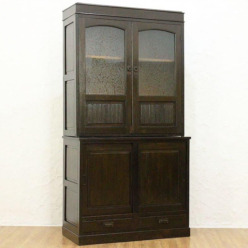 ヴィンテージ 大正ロマン 結霜ガラス 食器棚 木製 日本製