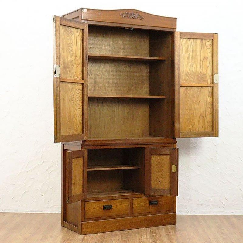 古家具 木製棚（ガラス戸付き） レトロ ガラス戸棚／食器棚