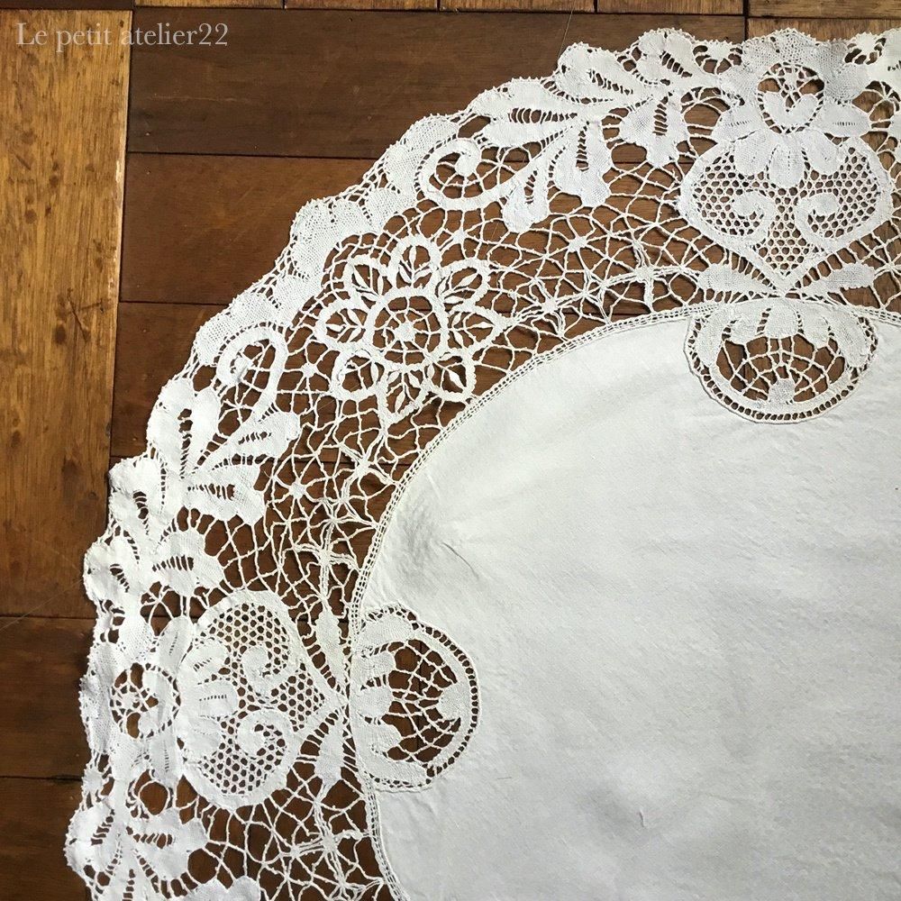 楕円) フランス アンティーク リネン ダマスク織 ボビンレース