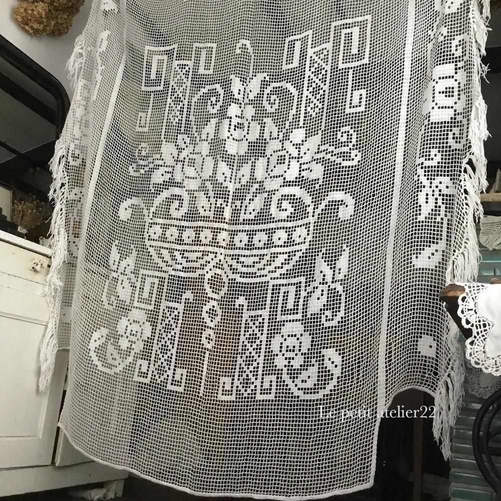 特大) フランス アンティーク コットン フィレレース ベッドカバー