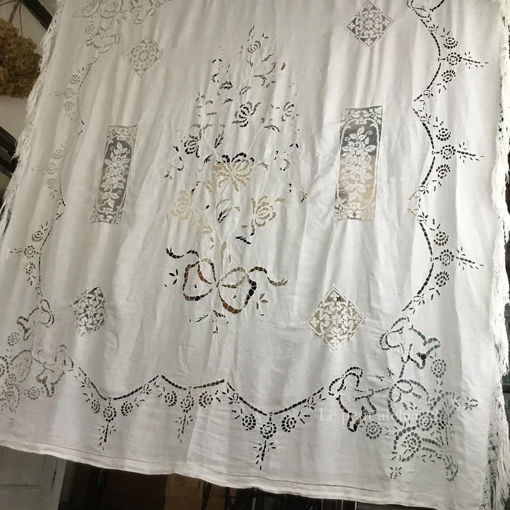 特大) フランス アンティーク リネン カットワーク リシュリュー刺繍