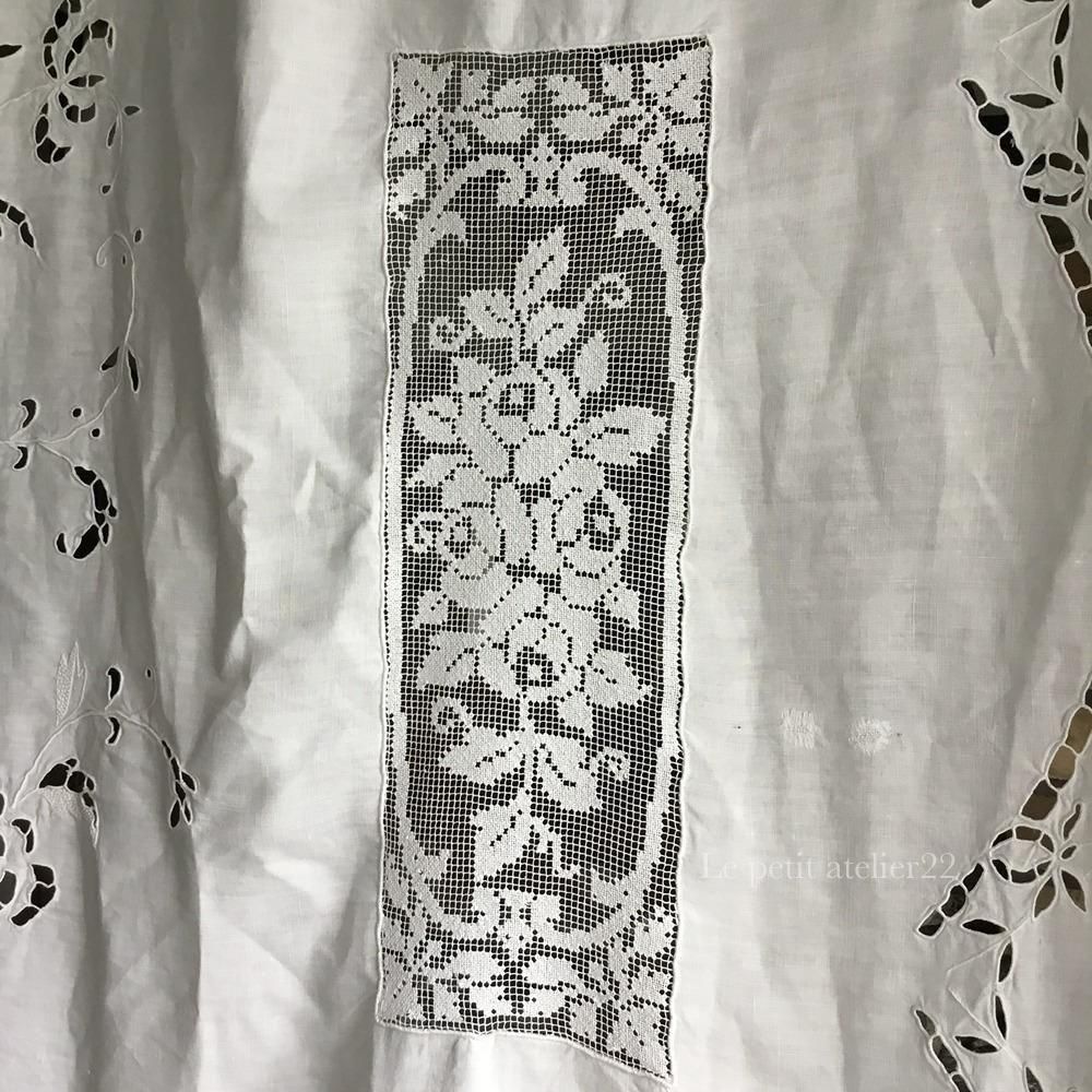 特大) フランス アンティーク リネン カットワーク リシュリュー刺繍