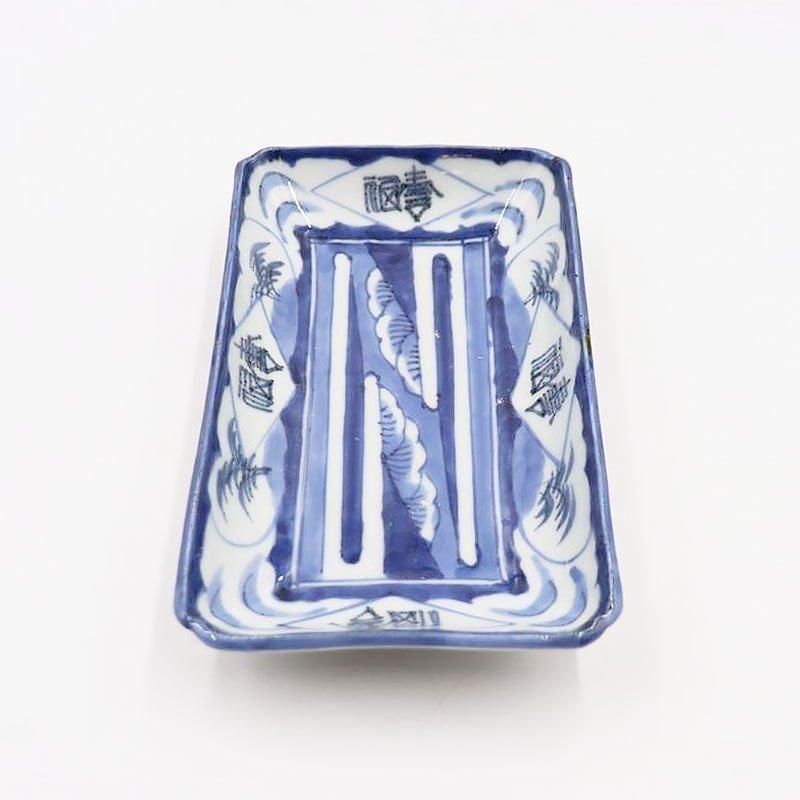 大皿□古い染付角皿(江戸後期～明治期)花唐草 船「玩」伊万里 八角四角