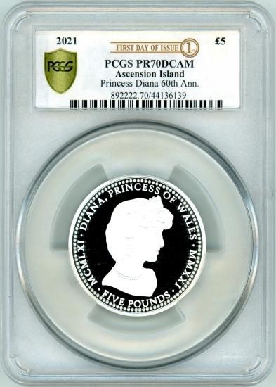 アセンション島ダイアナ妃銀貨5oz 25￡ PCGS PR70DCAM