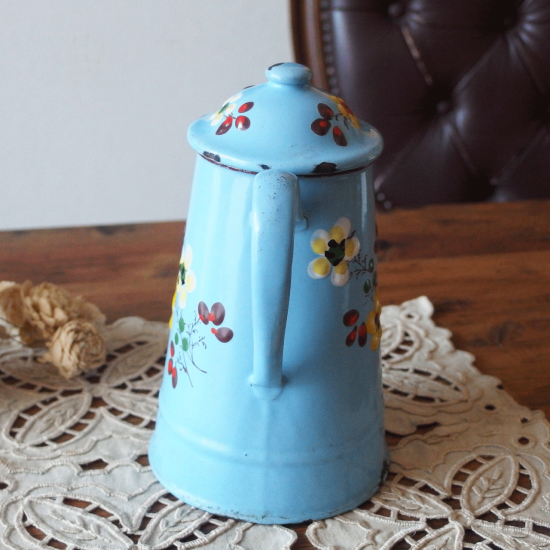 フランスアンティークホーローピンクの花と小鳥ハンドペイントコーヒー