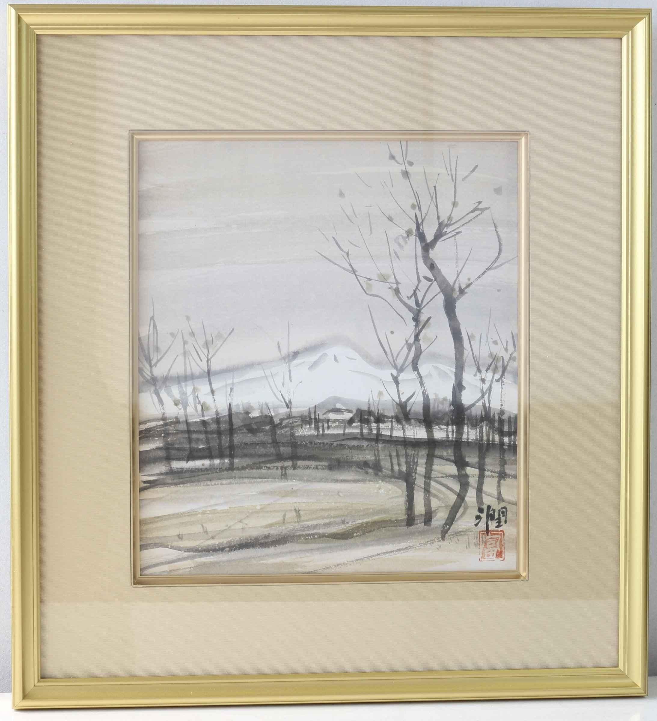 大変貴少・入手困難素晴らしい「富川潤の水墨画による良寛扇面画集」額