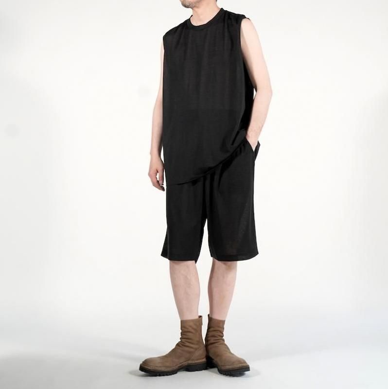 COMOLI ブラック ウールメッシュノースリーブタンクトップ COMOLI