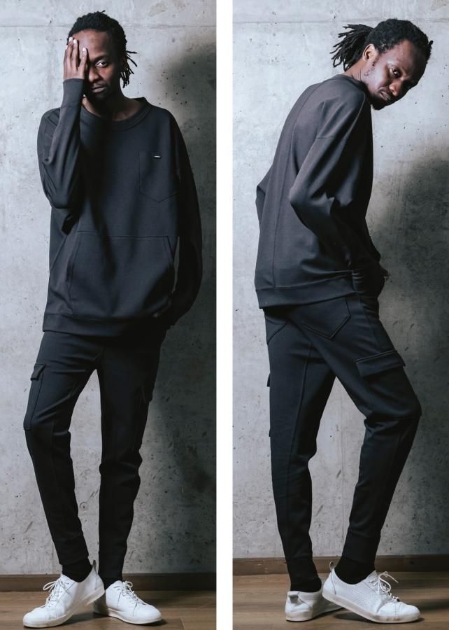 ゼロ和紙ストレッチヒーリング6ポケットドロップクロッチパンツ - 黒