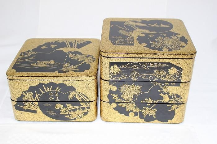 I-417輪島塗堅地布着地紙沈金彫五段重箱重台付 国田春人作 - 石川県