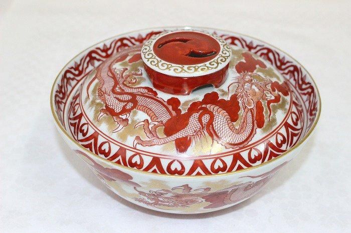 K-1792九谷焼赤絵染付瑞雲龍文蓋付鉢 名工浅井一毫作 - 石川県金沢の