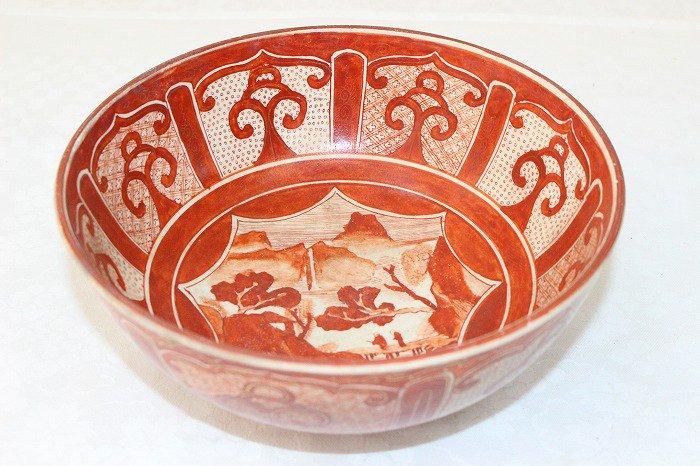 九谷焼 金彩 赤絵 瓔珞文 12cm 蓋付茶碗 3客揃 江戸期 bsiptr-57b4654-