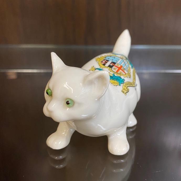 白い猫ペア置物パールのネックレスフィギュア陶器ねこ2匹インテリア