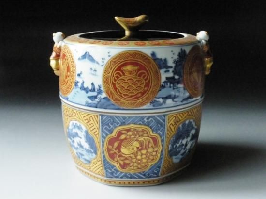 S642 水指 『染付竹』『押小路焼』『庄左衛門造』 共箱 茶道具