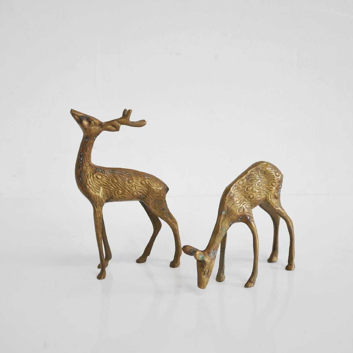 木製親子シカ彫刻 約