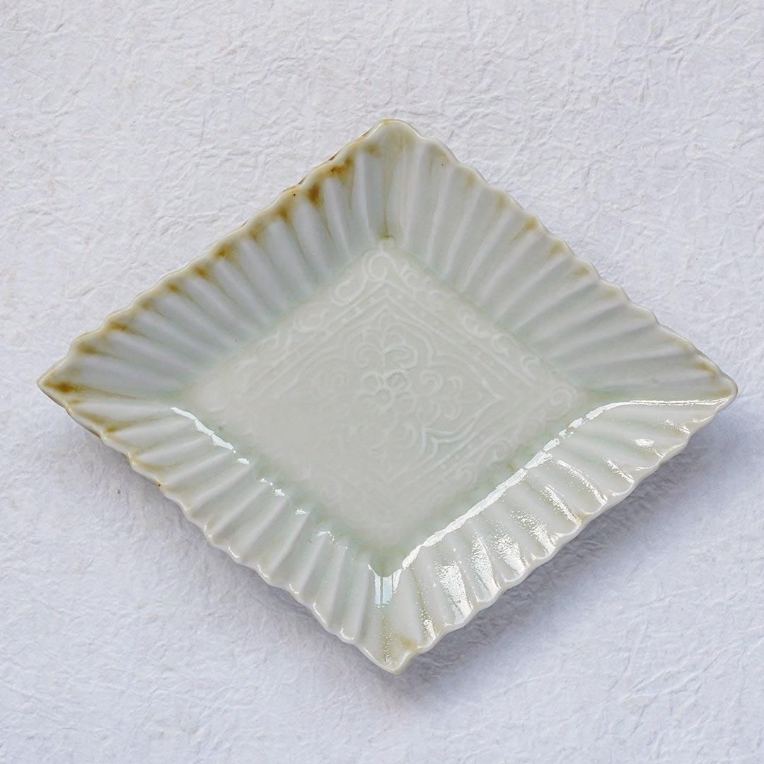 美品 未使用 村田森さん 青瓷輪花菱形皿 美品 未使用 村田森さん 青瓷