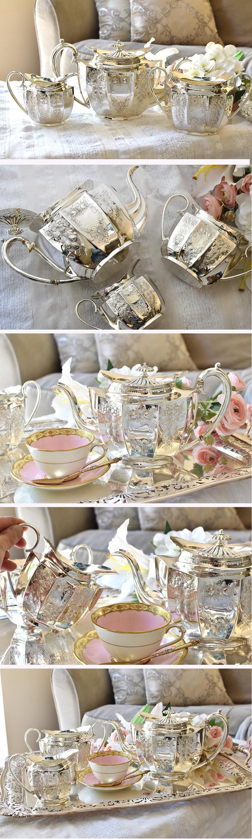英国アンティーク銀器【シルバープレート】薔薇エンボスのティーセット