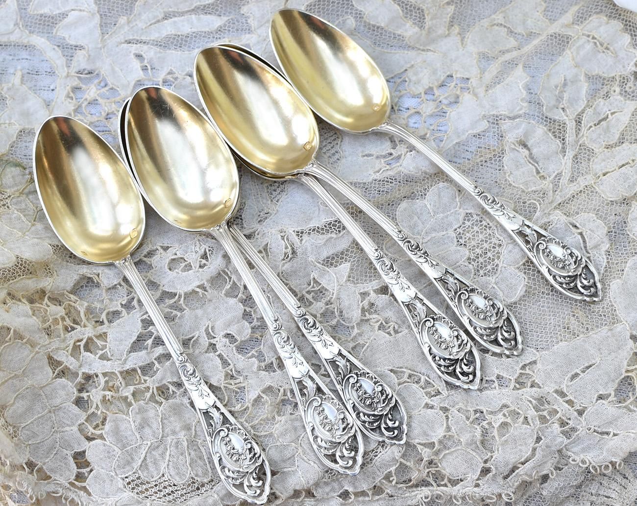 仏アンティーク銀器【銀950】透かしのティースプーンセット 12.1cm