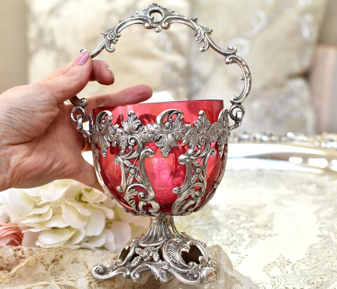 アンティーク ロシア製シルバー コンポート皿 花型 装飾皿 工芸品 小物