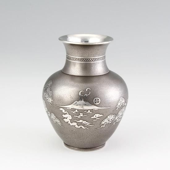 金属工芸 薩摩 星山堂製 錫 花器 錫 花瓶 花瓶 桜島 黒漆加工 [No.