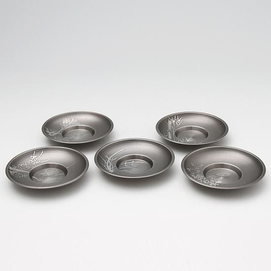 匿名便 2年 薩摩 山﨑 錫器 分銅型 茶たく 5点セット