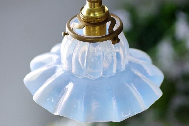 0252フランスアンティークオパールセントガラス フリルランプシェード