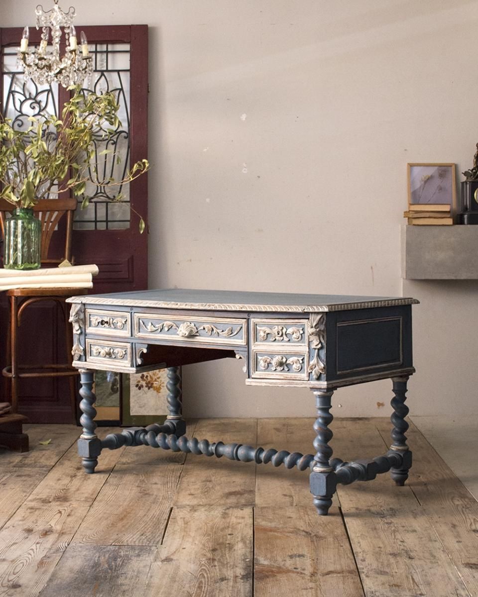 フランスアンティークデコラティブなカーブドペイントデスク テーブル