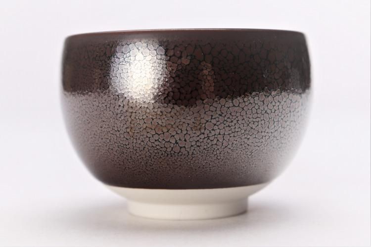 真右ェ門窯 馬場九洲夫作 油滴天目 油滴竜鱗 黒色陶器 金縁 真右エ門