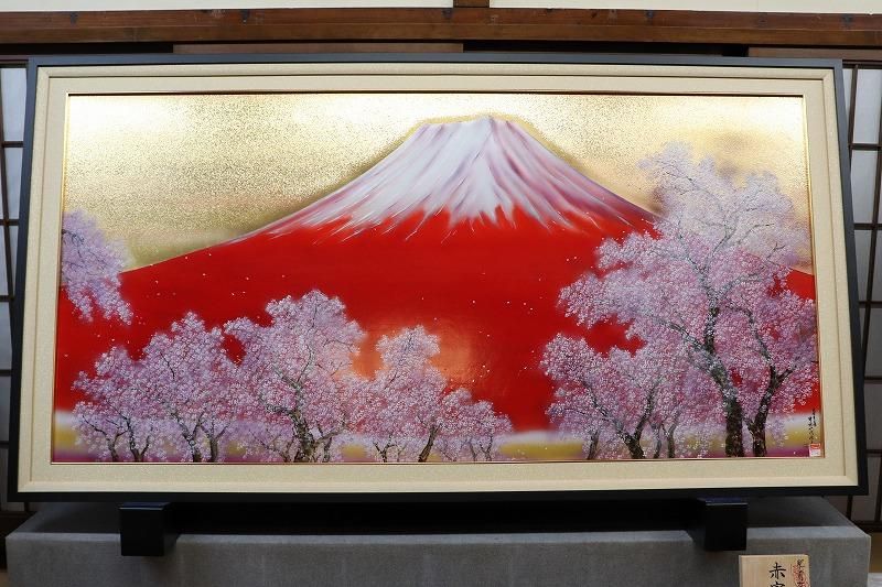 青嶺円照』○SM油彩額付タテ36.3cm銀シルバー満月富士山がんどうあつし