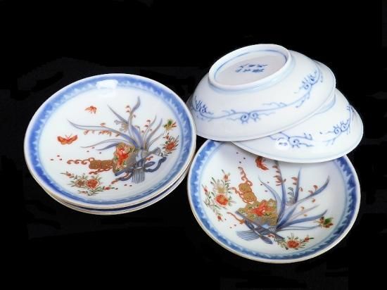 古伊万里色絵 窓絵藤に蝶菊の図膾皿5客C202AS-CWv