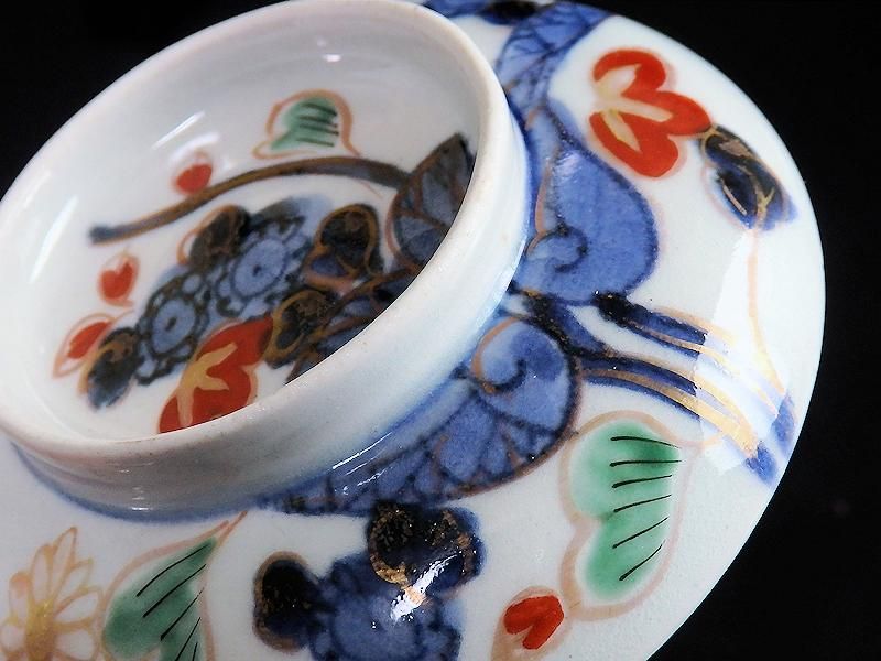 古伊万里 染錦 河骨紋の図 広東型 蓋茶碗 5客 C859AS-CEw 古伊万里 染