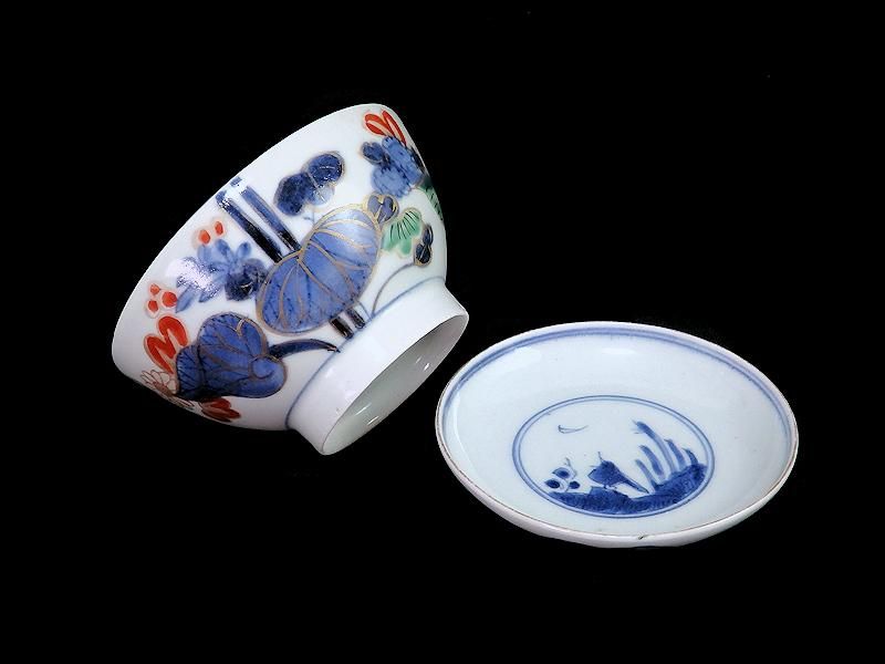 古伊万里染錦河骨紋の図広東型蓋茶碗5客C859AS-CEw