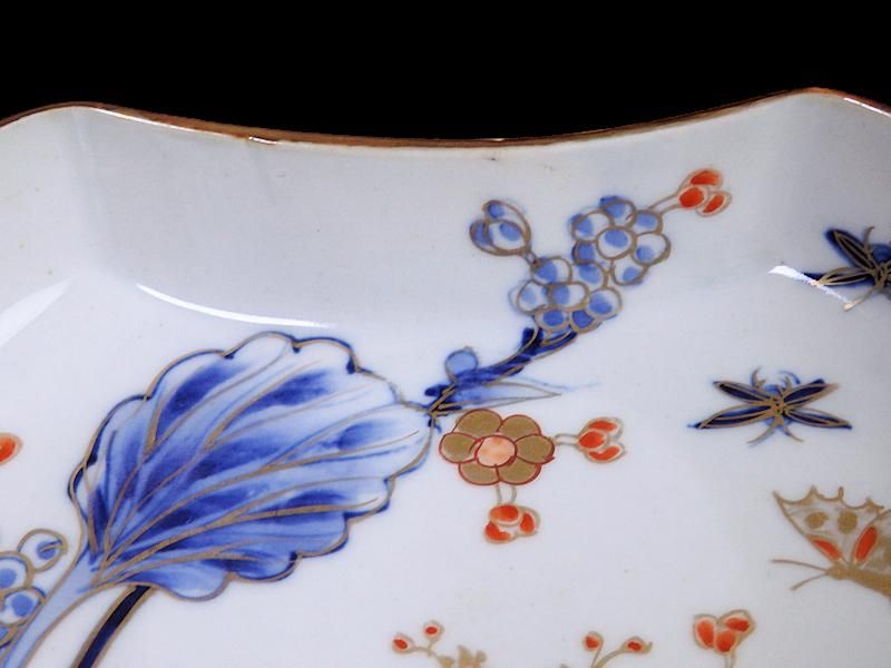 古伊万里 染付 花唐草 変形 小皿 江戸時代 金直し 金継ぎ 骨董