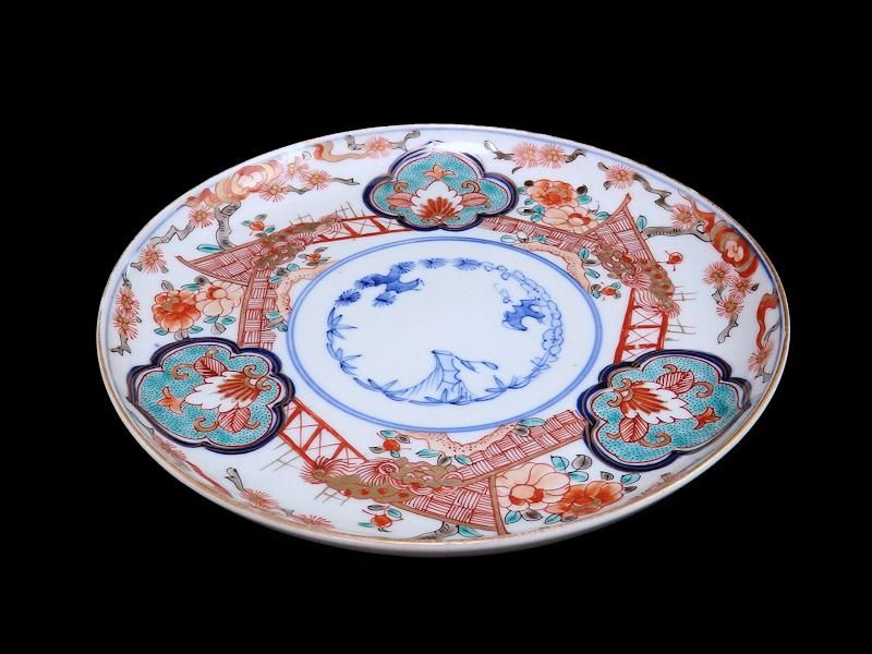 古伊万里 金襴手 鶴に松竹梅の図 4寸皿 2枚 E355AS-CBq