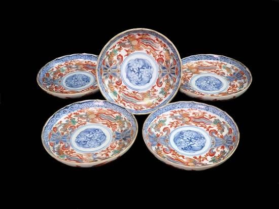 古伊万里 青い花柄 八角陶磁器 中皿5枚セット 古伊万里 青い花柄 八角