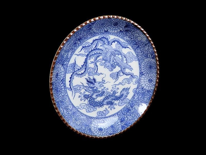 お値下げしました、古伊万里染付富士山型コンニャク印判三保松原図小皿