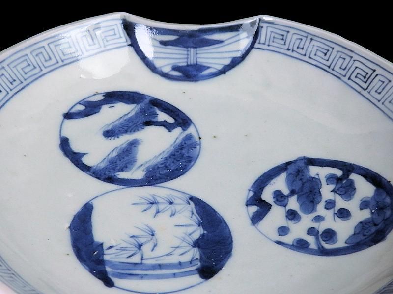 古伊万里 染付 丸紋に松竹梅図 分銅型6寸皿 5枚セット